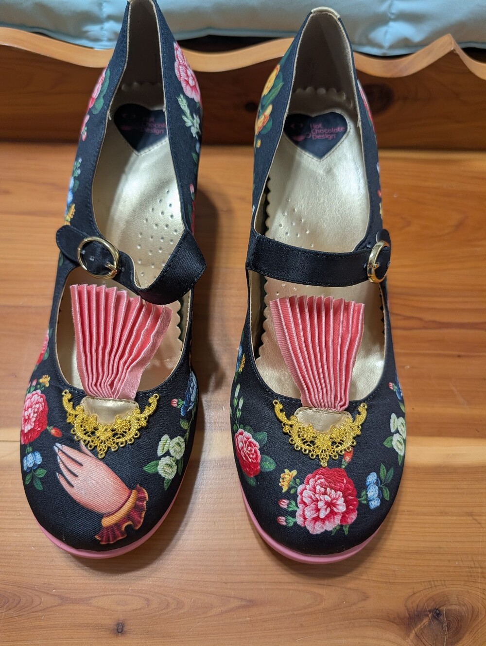 Hot Chocolate Design Black Floral Mary Jane Heels with Pink Tassel Accent